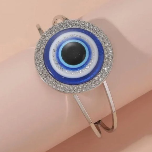 Rhinestone & Evil Eye Cuff Bangle - Picture 2 of 3